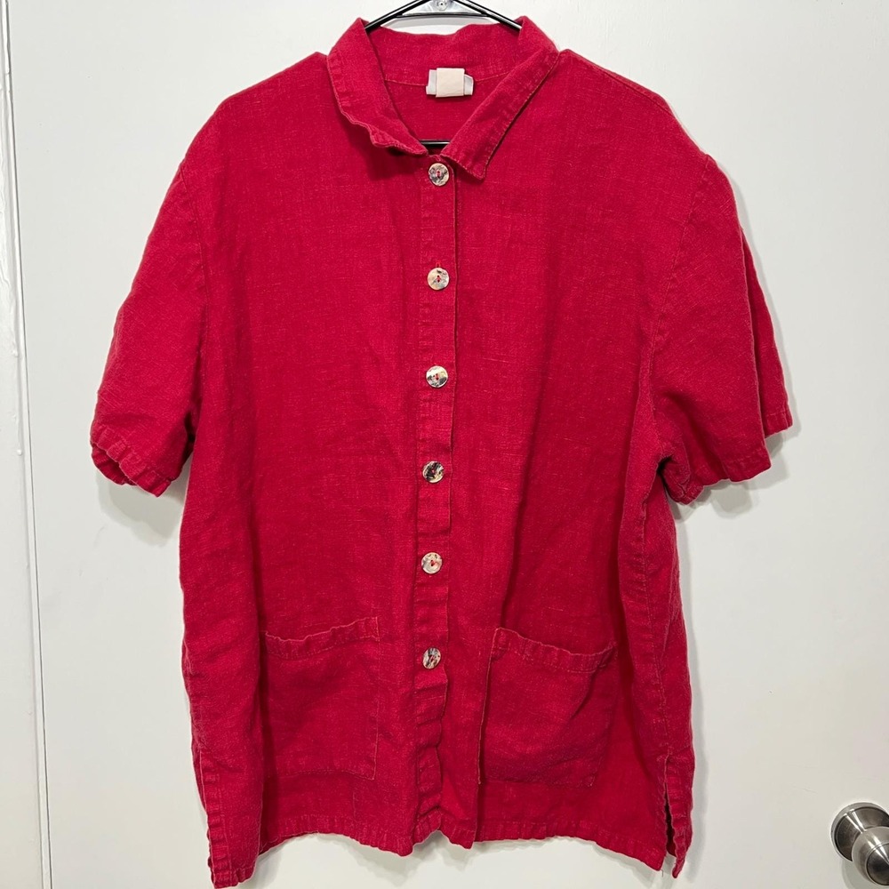 Womens 100% Linen Red Short Sleeve Button Up Shirt 2XL Made in‎ USA Lagenlook